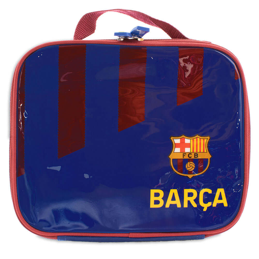 FC Barcelona Stripe Lunch Bag LKT Sport Stripe design lunch bag featuring Barca text and a full colour club crestDouble zipped opening for easy accessRubber zip pulls featuring raised FCB detailInternal elastic bottle holderWith carry handleOfficial licen