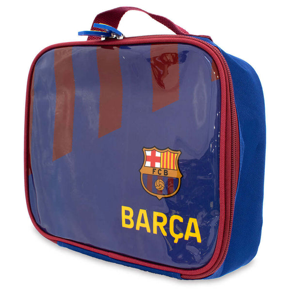 FC Barcelona Stripe Lunch Bag LKT Sport Stripe design lunch bag featuring Barca text and a full colour club crestDouble zipped opening for easy accessRubber zip pulls featuring raised FCB detailInternal elastic bottle holderWith carry handleOfficial licen