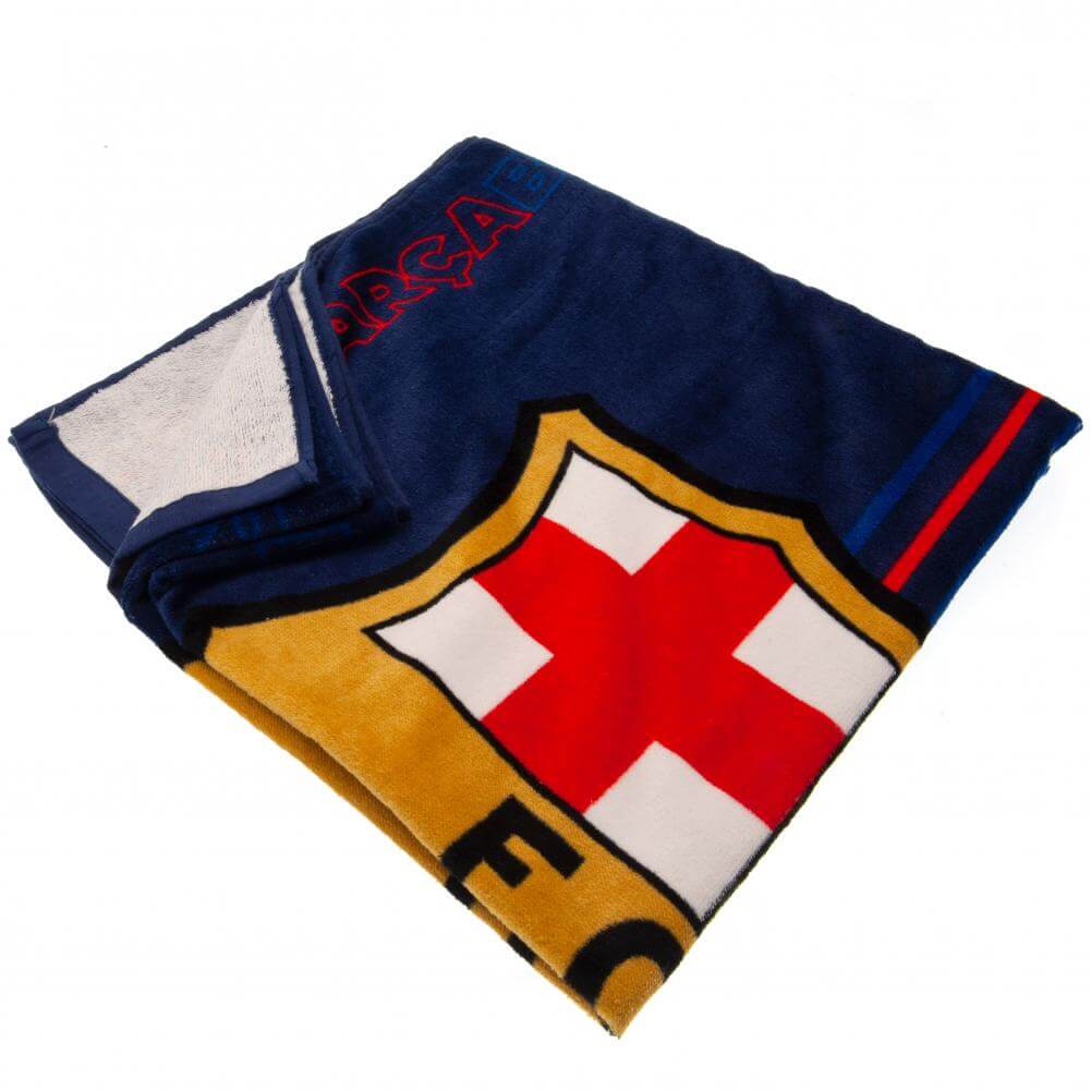 FC Barcelona Towel NV LKT Sport Large soft to touch 100% cotton velour beach towelFeaturing red & blue central stripes, Barca text repeat design and large FCB crestOfficial licensed productApprox 140cm x 70cm (55in x 28in) Beach Towels