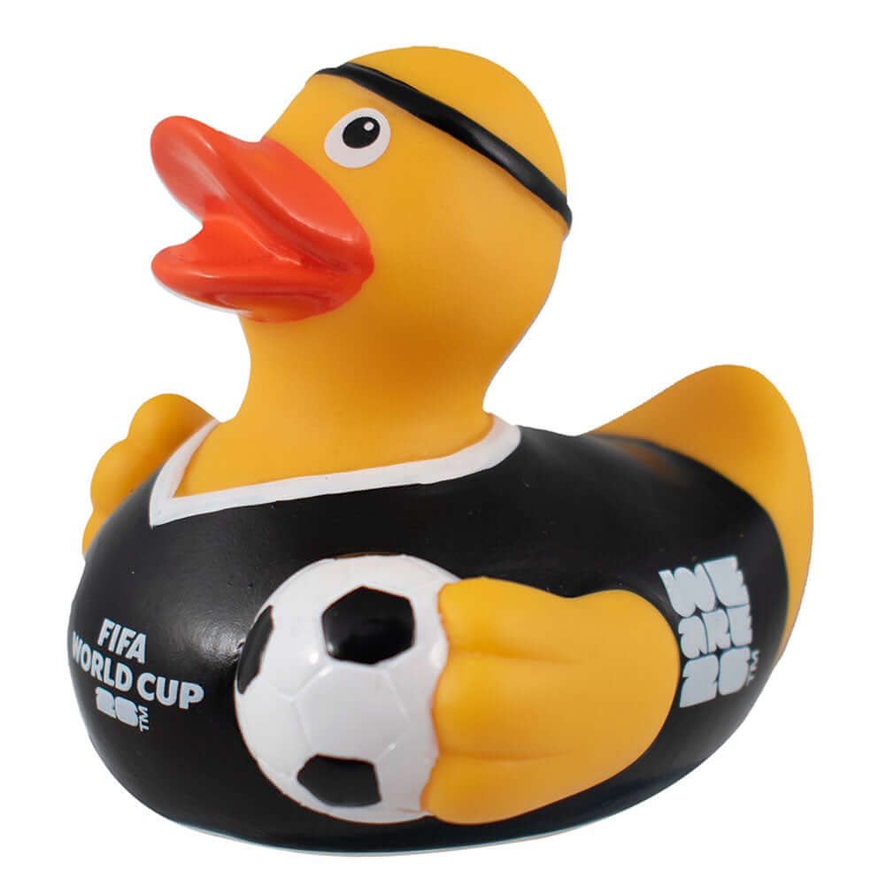 FIFA World Cup 2026 Yellow Rubber Duck LKT Sport Yellow bath time rubber duck with an orange beakFeatures a black referee kit and footballWith the FIFA World Cup 2026 logoOfficial licensed productApprox 9cm x 9cm x 7cm Rubber Duckies