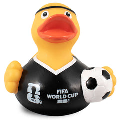 FIFA World Cup 2026 Yellow Rubber Duck LKT Sport Yellow bath time rubber duck with an orange beakFeatures a black referee kit and footballWith the FIFA World Cup 2026 logoOfficial licensed productApprox 9cm x 9cm x 7cm Rubber Duckies