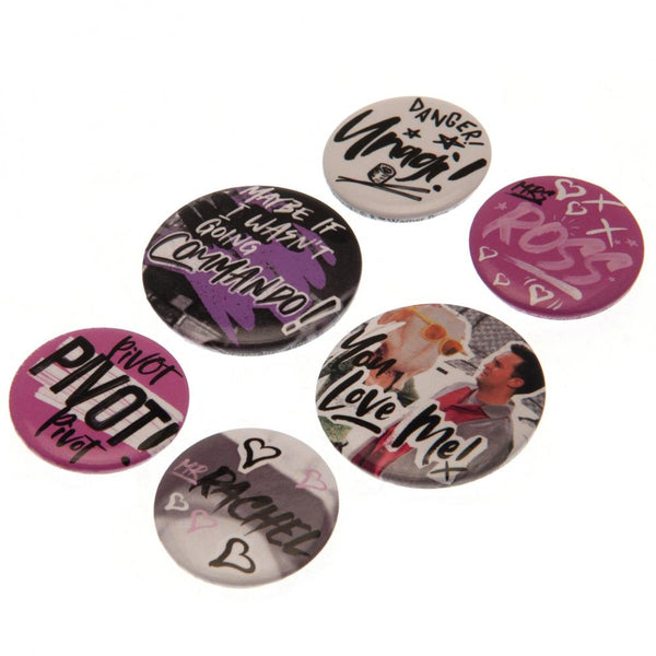 Friends Button Badge Set Doodle LKT Sport Eye-catching designs and slogan badges Ideal addition to school bags or clothing Fasten with a safety pin fixing Official licensed product 6 assorted size badges In a display packet Pinback Buttons