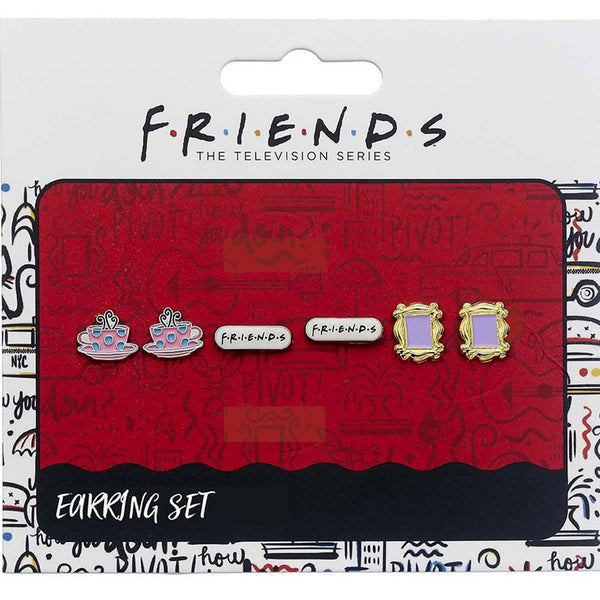 Friends Stud Earring Set LKT Sport Silver plated stud earrings set with highly detailed design Features 3 popular symbols, Coffee Cup, Monica's Frame and the iconic logo Official licensed product Each earring approx 10mm x 10mm On a backing card Earrings