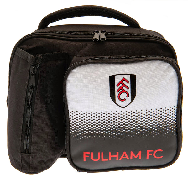 Fulham FC Fade Lunch Bag LKT Sport Fade design lunch bag featuring Fulham text and full colour club crestMain compartment has a double zipped opening for easy accessAdditional zipped front pocket and zipped bottle holderWith carry handleWipe clean polyest