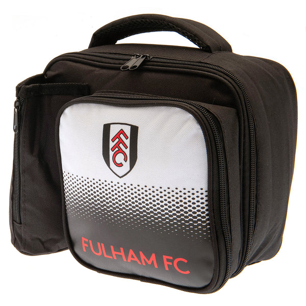 Fulham FC Fade Lunch Bag LKT Sport Fade design lunch bag featuring Fulham text and full colour club crestMain compartment has a double zipped opening for easy accessAdditional zipped front pocket and zipped bottle holderWith carry handleWipe clean polyest