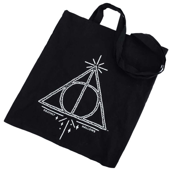 Harry Potter Deathly Hallows Canvas Tote Bag LKT Sport Black canvas tote bag featuring the Deathly Hallows sign in whiteMade from 100% Cotton canvas materialOfficial licensed productApprox 41cm x 37cm Tote Bags