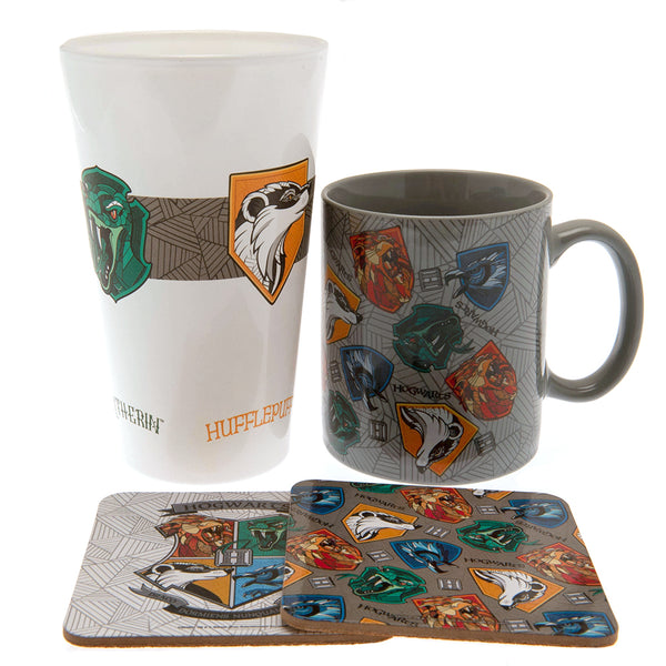 Harry Potter Gift Set Magical Glass LKT Sport Fantastic drinkware gift set featuring artwork from Harry Potter franchiseClassic large glass printed with house logosEveryday coffee mug with a multi house logo design2 x Cork based coasters with high quality