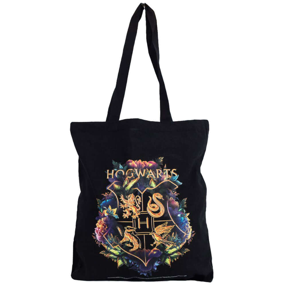 Harry Potter Hogwarts Crest Canvas Tote Bag LKT Sport Black canvas tote bag featuring a large gold printed Hogwarts crest surrounded by colourful flowersMade from 100% Cotton canvas materialOfficial licensed productApprox 41cm x 37cm Tote Bags Imagen principal del producto