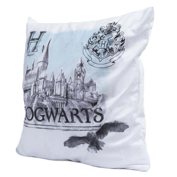Harry Potter Hogwarts Velvet Feel Cushion LKT Sport White cushion with an image of Hogwarts and Hedwig flying byDesign repeated on the reverse100% Polyester, spot cleanOfficial licensed productApprox 40cm x 40cm Throw Pillows