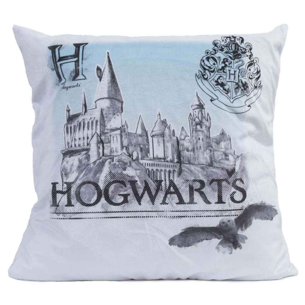 Harry Potter Hogwarts Velvet Feel Cushion LKT Sport White cushion with an image of Hogwarts and Hedwig flying byDesign repeated on the reverse100% Polyester, spot cleanOfficial licensed productApprox 40cm x 40cm Throw Pillows