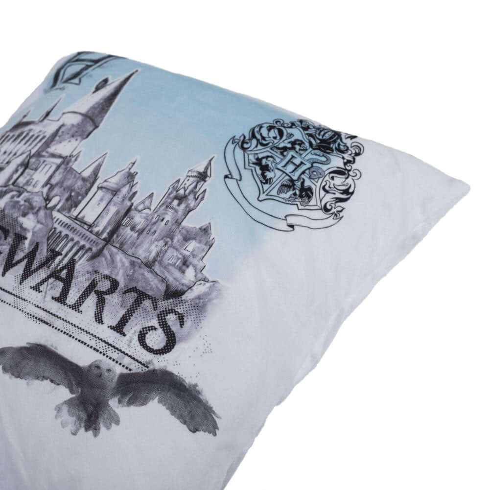 Harry Potter Hogwarts Velvet Feel Cushion LKT Sport White cushion with an image of Hogwarts and Hedwig flying byDesign repeated on the reverse100% Polyester, spot cleanOfficial licensed productApprox 40cm x 40cm Throw Pillows