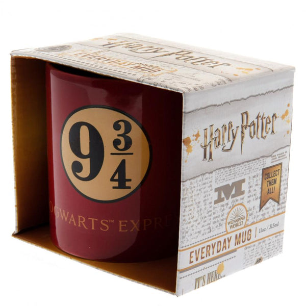 Harry Potter Mug 9 & 3 Quarters LKT Sport Ceramic everyday coffee mug Features the Platform 9 & 3 Quarters sign on a red background Glazed kiln fired finish with red handle Official licensed product Approx 315ml (11oz) Approx 9cm tall, 8cm in diameter In