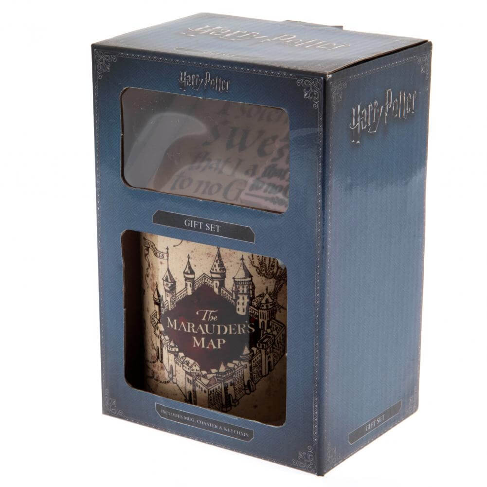 Harry Potter Mug & Coaster Set Marauders Map LKT Sport Superb Harry Potter gift set for everyday useWhite mug featuring a Marauders Map designSingle cork based coaster approx 9cm x 9cmSoft, durable 5mm thick PVC KeyringOfficial licensed productMug approx