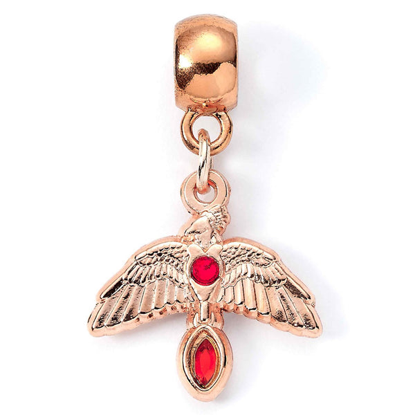 Harry Potter Rose Gold Plated Fawkes Charm LKT Sport Rose gold plated slider charm with highly detailed designFeatures the highly detailed phoenix Fawkes including two red jewels on a charm bailUniversal sized charm compatible with most charm braceletsOff