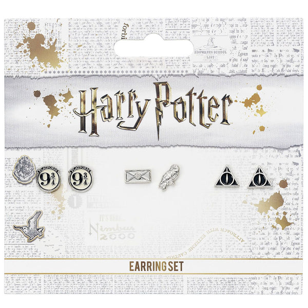 Harry Potter Silver Plated Earring Set CL LKT Sport Silver plated stud earrings set with highly detailed design Features the popular symbols, The Deathly Hallows, Platform 9 & 3 Quarters, Hedwig Owl and The Hogwarts acceptance letter on earring studs Offi