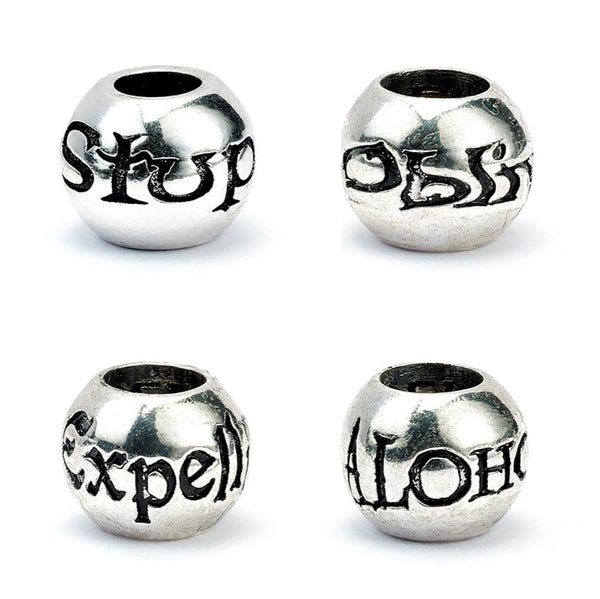 Harry Potter Silver Plated Spell Bead Charm Set LKT Sport Silver plated charm bead set with highly detailed design Features 4 unique spells, Expelliarmus, Stupefy, Alohomora and Obliviate Universal sized charm compatible with most charm bracelets Official