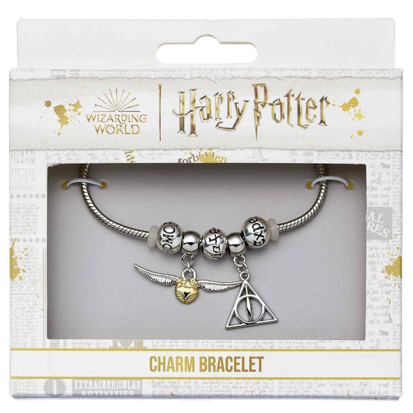 Harry Potter Silver Plated Spellbeads Bracelet LKT Sport Harry Potter Deathly Hallows and Golden Snitch charms on a silver plated charm bracelet with three spellbeadsThis bracelet includes 3 spacer beads with spells engraved around themFrom a collection o