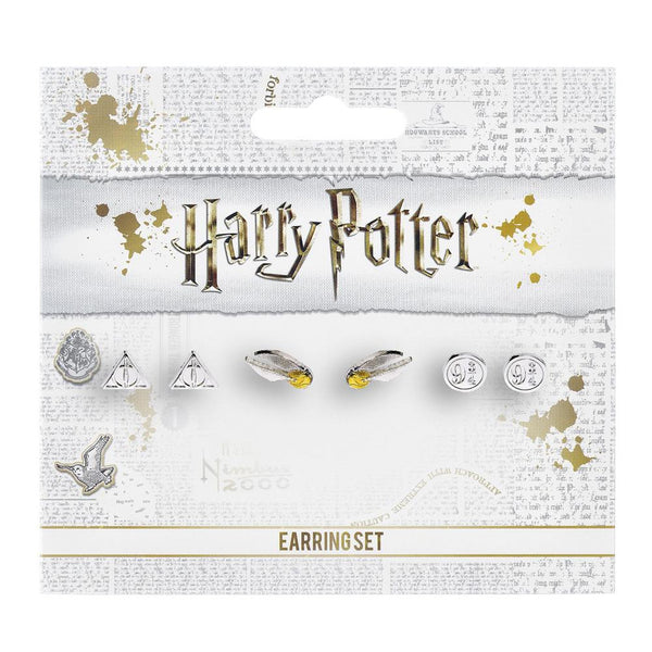 Harry Potter Silver Plated Stud Earring Set LKT Sport Silver plated stud earrings set with highly detailed design Features 3 popular symbols, The Deathly Hallows, 9 & 3 Quarters and the Golden Snitch on earring studs Official licensed product Each earring