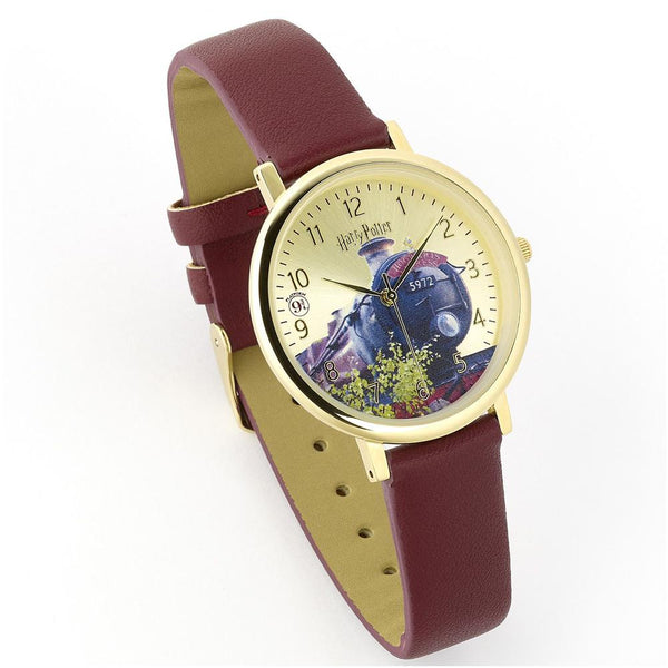 Harry Potter Watch Hogwarts Express LKT Sport Ladies analogue watch with a buckle strap The dial features a gold plated surround with Hogwarts Express design With a burgundy leather strap and gold plated buckle Official licensed product Strap width approx