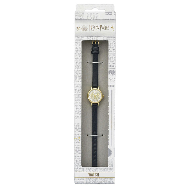 Harry Potter Watch Time Turner LKT Sport Ladies analogue watch with a buckle strapThe dial features a silver plated surround with a foil face in gold and silver with a Time Turner motifWith a black faux leather strap and gold plated buckleOfficial license