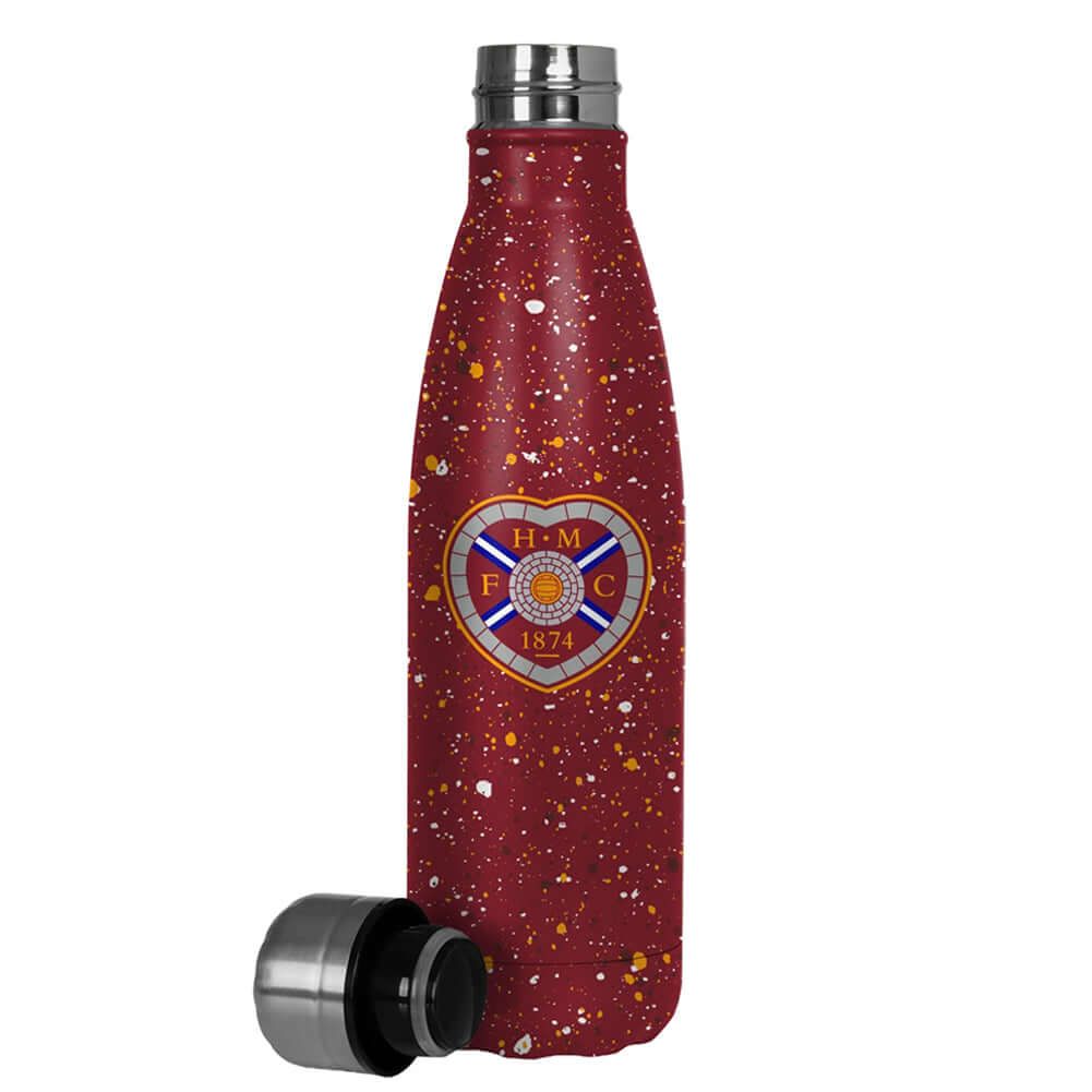 Hearts FC Paint Splatter Thermal Flask LKT Sport Stainless steel thermal vacuum flaskMaintains the temperature of your drink for up to 24hrsWith a screw top lidClaret bottle with a paint splatter design featuring the club crestOfficial licensed productApp