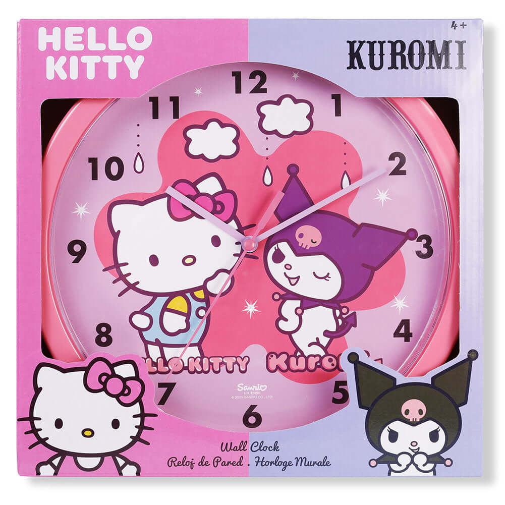 Hello Kitty Wall Clock LKT Sport Hanging wall clock featuring Hello Kitty and KuromiDurable plastic case with a clear font and modern quartz movementRequires x1 AA Battery (not included)Official licensed productApprox 25cm in diameter Wall Clocks