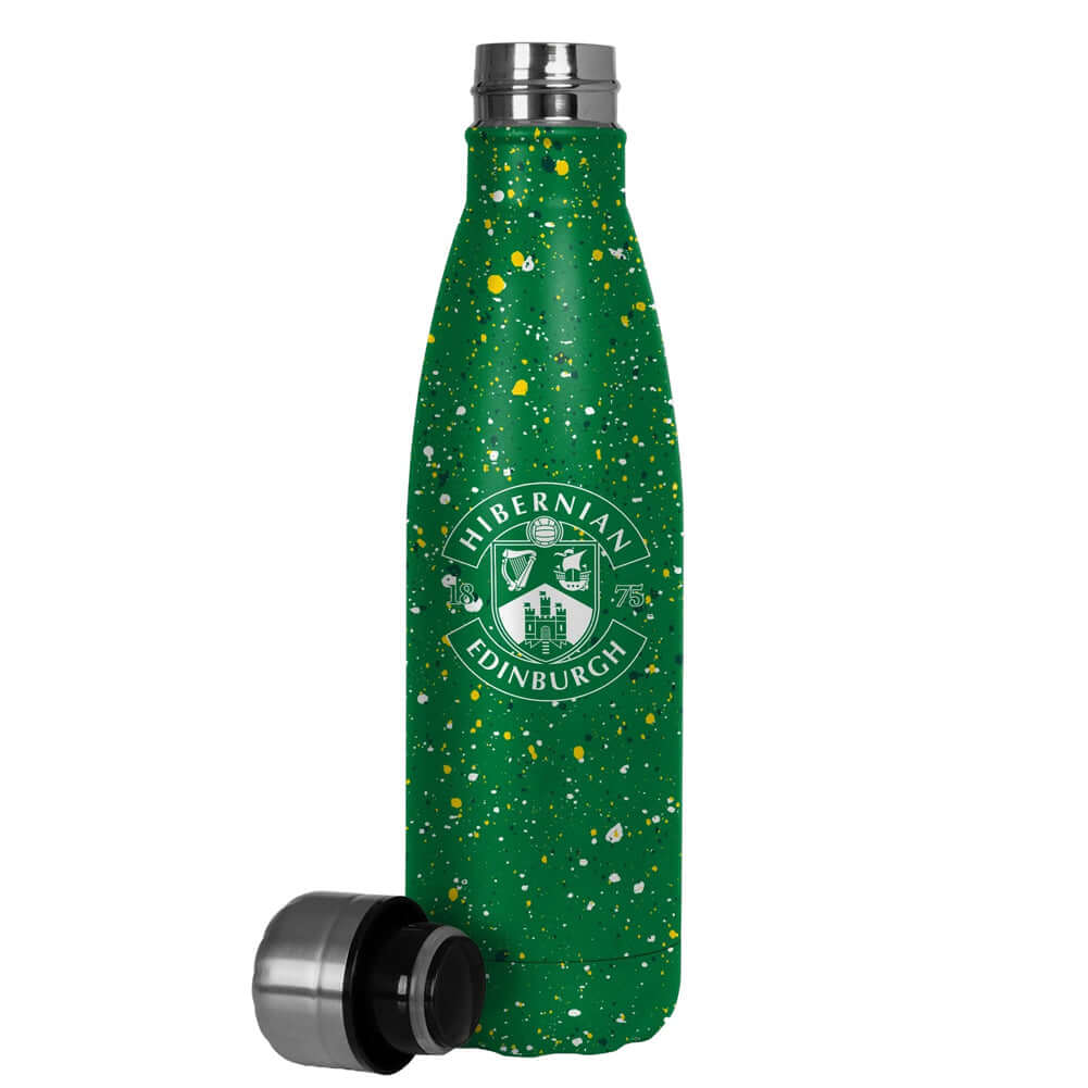 Hibernian FC Paint Splatter Thermal Flask LKT Sport Stainless steel thermal vacuum flaskMaintains the temperature of your drink for up to 24hrsWith a screw top lidGreen bottle with a paint splatter design featuring the club crestOfficial licensed productA