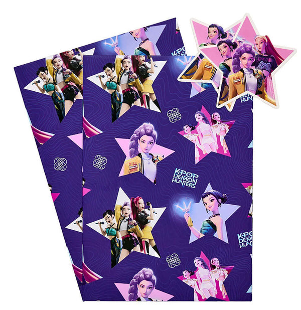 K-Pop Demon Hunters Gift Wrap LKT Sport Vibrant, colourful gift wrap sheets and tags2 sheets of wrap featuring multiple images of the K-Pop Demon HuntersComplete with 2 gift tags featuring Rumi, Zoey and MiraOfficial licensed productApprox 70cm x 50cm Gif