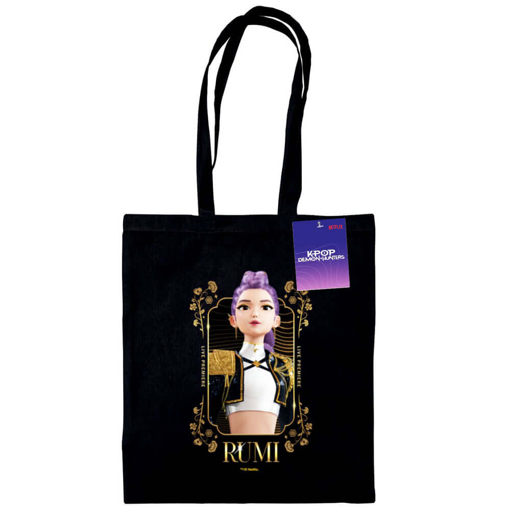 K-Pop Demon Hunters Rumi Canvas Tote Bag LKT Sport Black tote bag featuring an image of RumiMade from 100% Cotton canvas materialOfficial licensed productApprox 40cm x 37cm Tote Bags