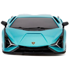 Lamborghini Sian Radio Controlled Car 1:24 Scale Blue LKT Sport Comprehensive replica model true to the actual vehicle with outstanding detailing; rims, rubber tyres and a great paint finishWorking spring suspension system, adjustable front wheel alignmen