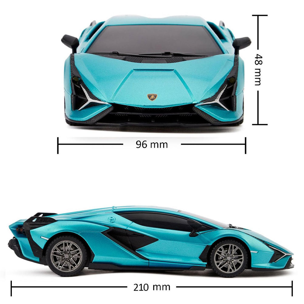 Lamborghini Sian Radio Controlled Car 1:24 Scale Blue LKT Sport Comprehensive replica model true to the actual vehicle with outstanding detailing; rims, rubber tyres and a great paint finishWorking spring suspension system, adjustable front wheel alignmen