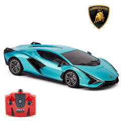Lamborghini Sian Radio Controlled Car 1:24 Scale Blue LKT Sport Comprehensive replica model true to the actual vehicle with outstanding detailing; rims, rubber tyres and a great paint finishWorking spring suspension system, adjustable front wheel alignmen