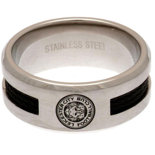 Leicester City FC Black Inlay Ring Small LKT Sport Stainless steel ring featuring a black rope insert Brushed satin finish and engraved with the Leicester crest Official licensed product Internal diameter approx 19mm Ring size R Presented in a gift box Ri