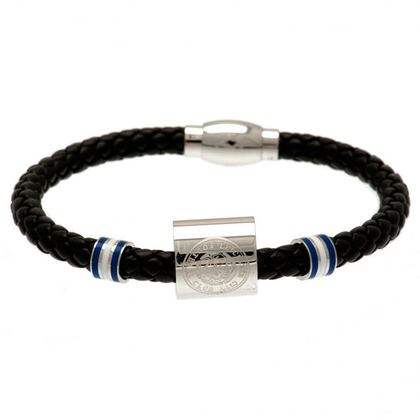 Leicester City FC Colour Ring Leather Bracelet LKT Sport Rope design bracelet made from genuine leather Black bracelet featuring stainless steel colour rings and an engraved club crest With a stainless steel magnetic clasp Official licensed product Approx