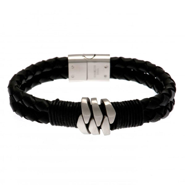 Leicester City FC Leather Bracelet LKT Sport Twin rope design bracelet made from genuine leather Black bracelet featuring with steel detail Stainless steel magnetic clasp with an engraved club crest Official licensed product Approx 20cm x 1cm Presented in