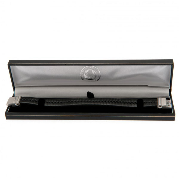 Leicester City FC Single Plait Leather Bracelet LKT Sport Single plait design bracelet made from genuine leather Black bracelet with a stainless steel magnetic clasp featuring and engraved club crest Official licensed product Approx 21cm x 1cm Presented i