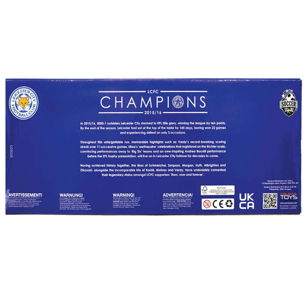 Leicester City FC SoccerStarz Premier League Winners Team Pack LKT Sport Collectors team pack featuring the following players from the 2015-16 Premier League Champions season10 Year anniversary edition featuring a Golden Jamie VardyOkazaki, Huth, Vardy, M