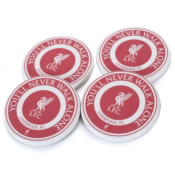 Liverpool FC 4pk Ceramic Coaster Set LKT Sport Pack of 4 ceramic coasters with a high quality printFeaturing a white Liverbird crest and You'll Never Walk Alone textOfficial licensed productApprox 10cm x 10cm Coasters