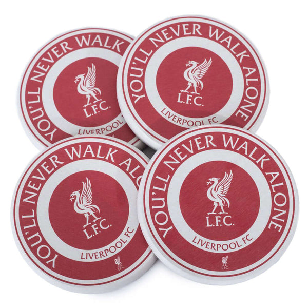 Liverpool FC 4pk Ceramic Coaster Set LKT Sport Pack of 4 ceramic coasters with a high quality printFeaturing a white Liverbird crest and You'll Never Walk Alone textOfficial licensed productApprox 10cm x 10cm Coasters