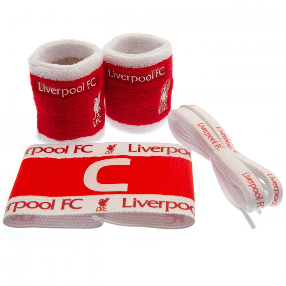 Liverpool FC Accessories Set LKT Sport This essential training accessories set features vibrant team colours and club crestsPair of red and white soft cotton wristbands with the Liverpool crestTeam colour captains arm band and boot laces featuring Liverpo Imagen principal del producto