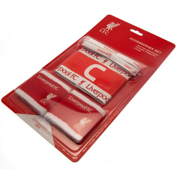 Liverpool FC Accessories Set LKT Sport This essential training accessories set features vibrant team colours and club crestsPair of red and white soft cotton wristbands with the Liverpool crestTeam colour captains arm band and boot laces featuring Liverpo