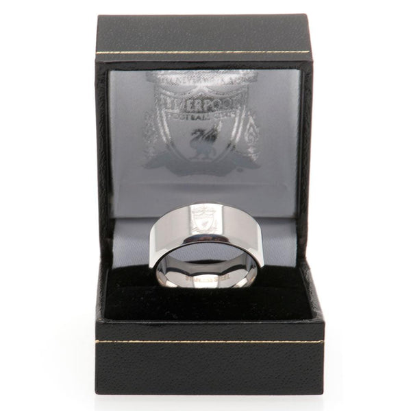 Liverpool FC Band Ring Small LKT Sport Classic stainless steel band ring with a bevelled edge Chrome finish and engraved with the Liverpool club crest Official licensed product Internal diameter approx 19mm Ring size R Presented in a gift box Rings