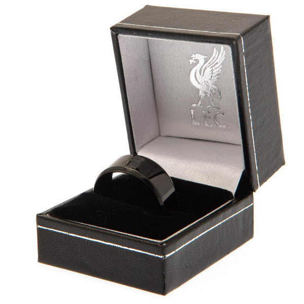 Liverpool FC Black IP Ring Medium LKT Sport Stainless steel ring coated in a black Ion platingEngraved with the Liverpool crestOfficial licensed productInternal diameter approx 20mmRing size U Rings