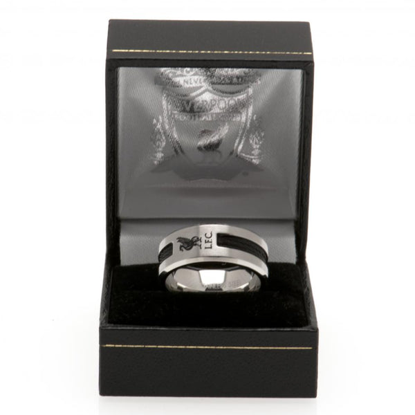Liverpool FC Black Inlay Ring Large LKT Sport Stainless steel ring featuring a black rope insertBrushed satin finish and engraved with the LFC Liverbird crestOfficial licensed productInternal diameter approx 21mmRing size X Rings