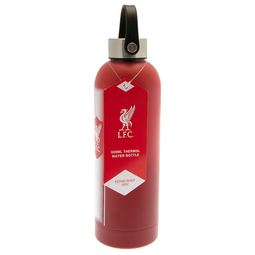 Liverpool FC Chunky Thermal Bottle LKT Sport Modern, sleek design stainless steel thermal vacuum flaskMaintains the temperature of your drink for up to 24hrsWith a silver screw top lid and carry handleRed bottle with a white LFC crest and textOfficial lic