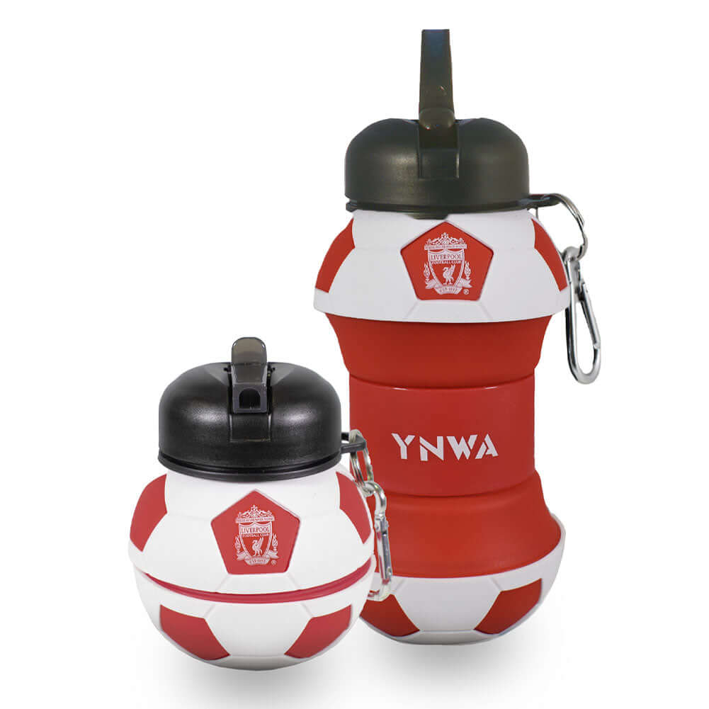 Liverpool FC Collapsible Football Drinks Bottle LKT Sport Collapsible football shaped drinks bottleFeaturing a white Liverpool crest and textScrew top lid with a handy carabiner clipOfficial licensed productApprox 550ml (oz)Approx 17cm tall when extended, Main image