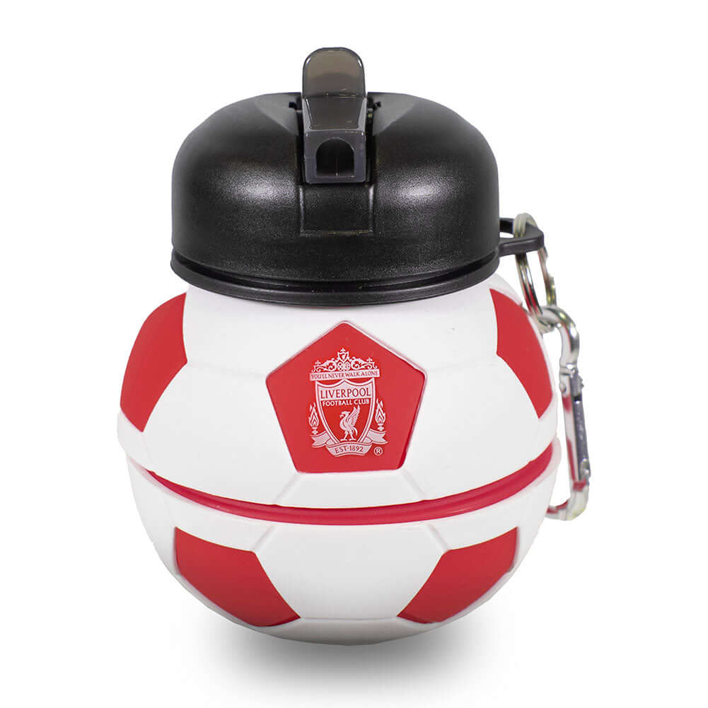 Liverpool FC Collapsible Football Drinks Bottle LKT Sport Collapsible football shaped drinks bottleFeaturing a white Liverpool crest and textScrew top lid with a handy carabiner clipOfficial licensed productApprox 550ml (oz)Approx 17cm tall when extended,