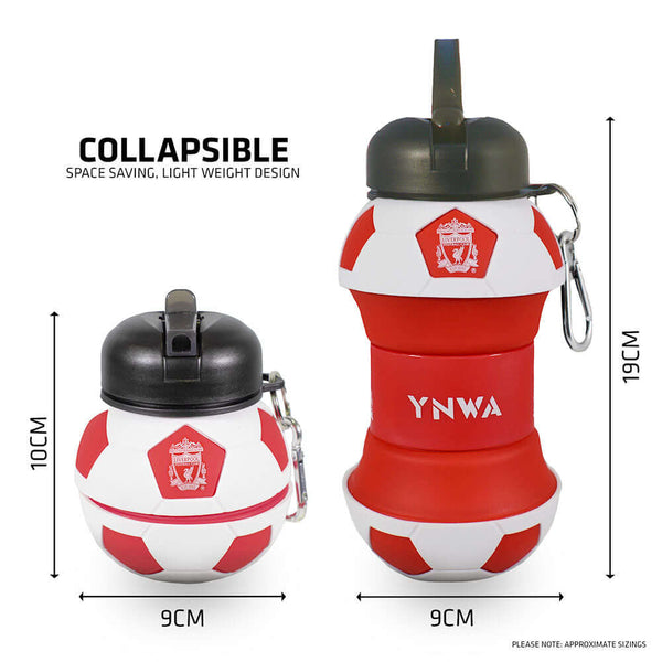 Liverpool FC Collapsible Football Drinks Bottle LKT Sport Collapsible football shaped drinks bottleFeaturing a white Liverpool crest and textScrew top lid with a handy carabiner clipOfficial licensed productApprox 550ml (oz)Approx 17cm tall when extended,