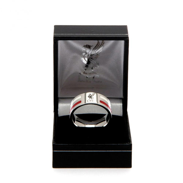 Liverpool FC Colour Stripe Ring Small LKT Sport Stainless steel ring featuring red and white colour inserts Chrome finish and engraved with the Liverpool crest Official licensed product Internal diameter approx 19mm Ring size R Presented in a gift box Rin