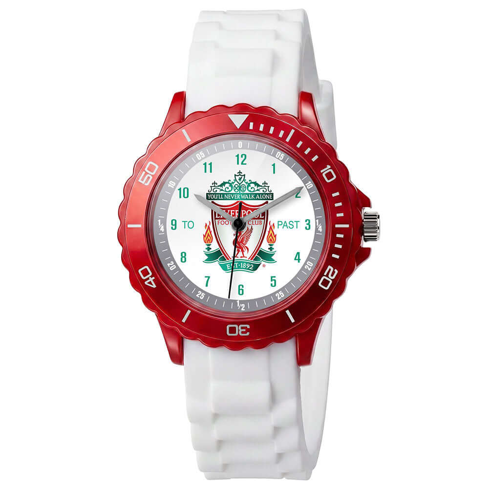 Liverpool FC Crest Time Teacher Watch LKT Sport Junior analogue watch with easy read numbers and time teacher handsFeaturing an LFC crest dial in metal casingVibrant and tactile silicone strap with traditional buckle fasteningDesigned to help children lea Main image